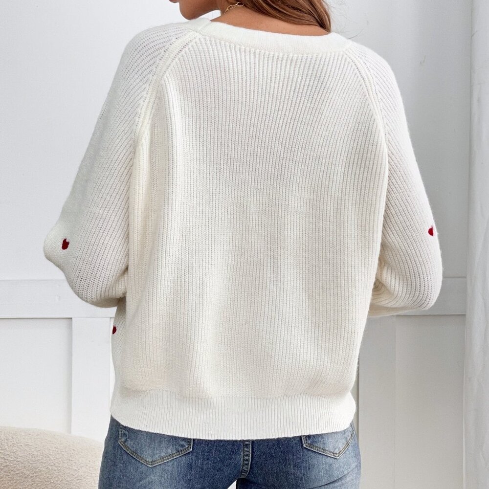 Beige Casual Women's Heart Embroidery Button Front Cardigan - Picture 2 of 6